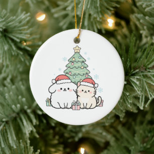Cute Kawaii Christmas Cat & Dog Festive Holiday Ceramic Tree Decoration