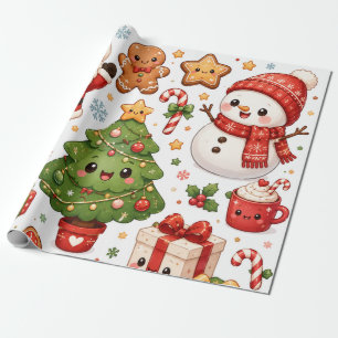 Cute Kawaii Christmas Characters Santa Snowman Wrapping Paper