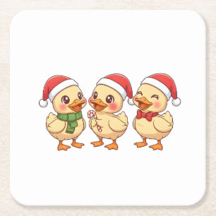 Cute Kawaii Christmas Ducks Festive Holiday Square Paper Coaster