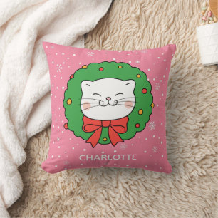 Cute Kawaii Christmas Kitty Cat Custom Name Pink Cushion