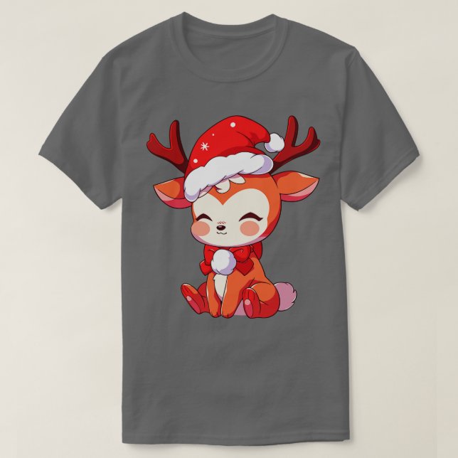 cute Kawaii christmas Reindeer in santa hat 1 T-Shirt (Design Front)