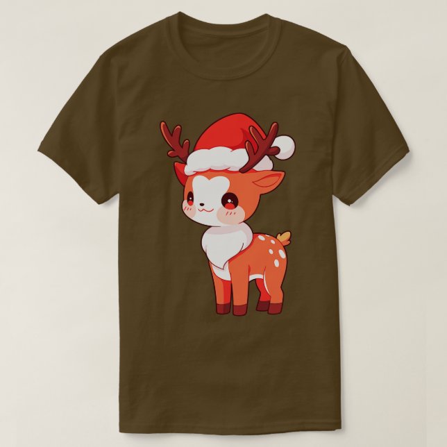 Cute Kawaii Christmas Reindeer in Santa Hat T-Shirt (Design Front)