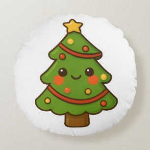 Cute Kawaii Christmas Tree Round Cushion