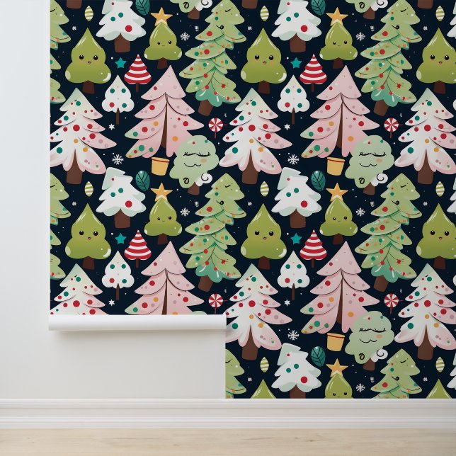 Cute Kawaii Christmas Trees Seamless Pattern Wallpaper (Application)