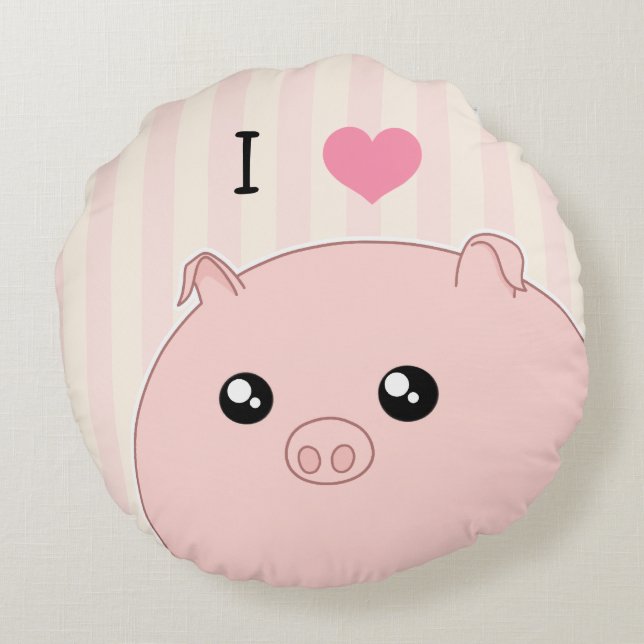 Cute Kawaii chubby pink pig Round Cushion (Back)