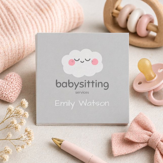 Cute Kawaii Cloud Pink Grey Babysitter  Square Business Card (Creator Uploaded)