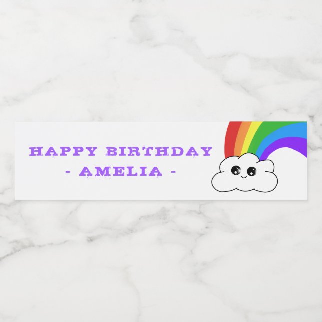 Cute Kawaii Cloud Rainbow Kid`s Birthday Water Bottle Label (Single Label)