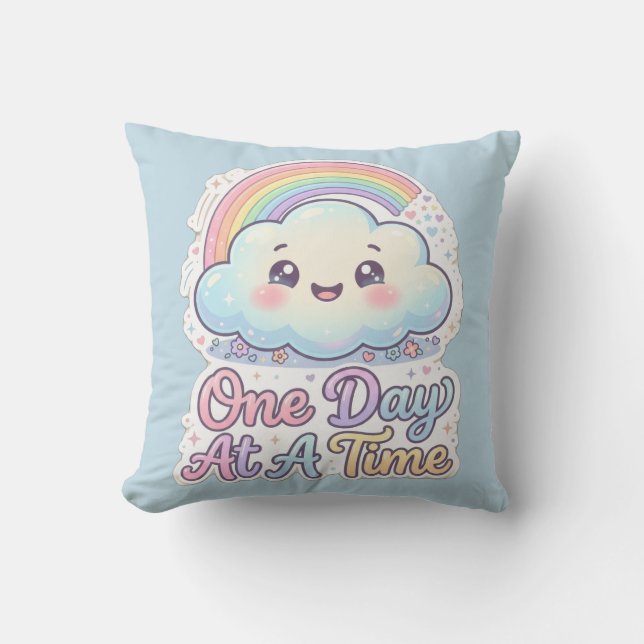Cute Kawaii Cloud Rainbow One Day At A Time Throw  Cushion (Front)