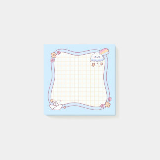 Cute Kawaii Cloud Rainbow Pastel Blue Grid Post it Post-it Notes