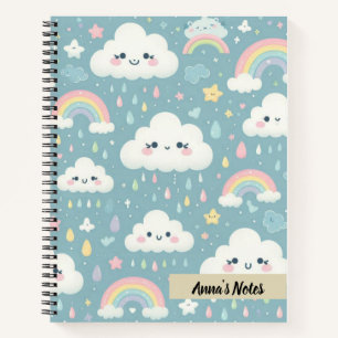 Cute Kawaii Clouds and Rainbows Blue Personalised Notebook