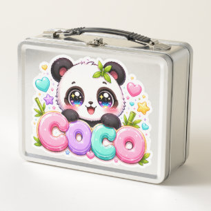 Cute Kawaii Coco Panda Name Pastel Pink Sparkling  Metal Lunch Box