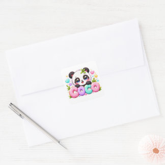 Cute Kawaii Coco Panda Name Pastel Pink Sparkling  Square Sticker