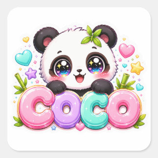 Cute Kawaii Coco Panda Name Pastel Pink Sparkling  Square Sticker