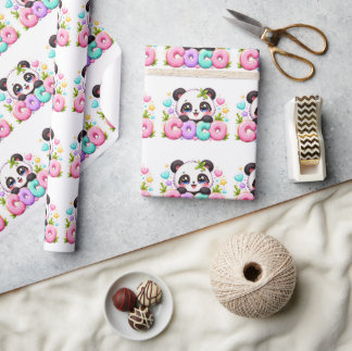 Cute Kawaii Coco Panda Name Pastel Pink Sparkling  Wrapping Paper