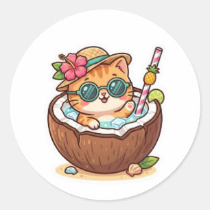 Cute Kawaii Coconut Cat Sunglasses Summer BSticker Classic Round Sticker