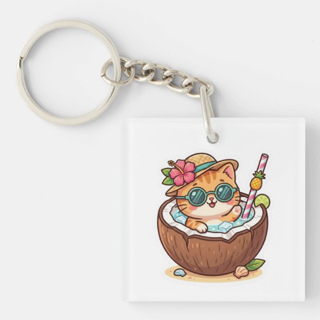 Cute Kawaii Coconut Cat Sunglasses Summer BSticker Key Ring (Front)