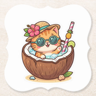 Cute Kawaii Coconut Cat Sunglasses Summer BSticker Paper Coaster