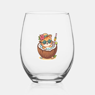 Cute Kawaii Coconut Cat Sunglasses Summer BSticker Stemless Wine Glass