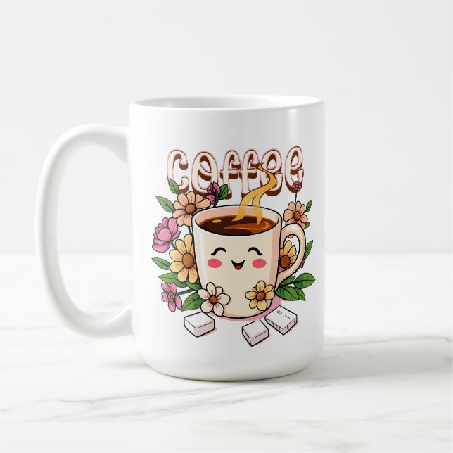 Cute Kawaii Coffee and Flowers Mug (Left)