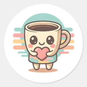 Cute Kawaii Coffee Cup Round Sticker Pastel Hear