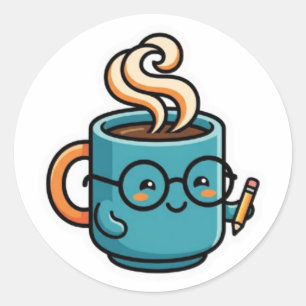 Cute Kawaii Coffee Mug Wearing Reading GlasSticker Classic Round Sticker