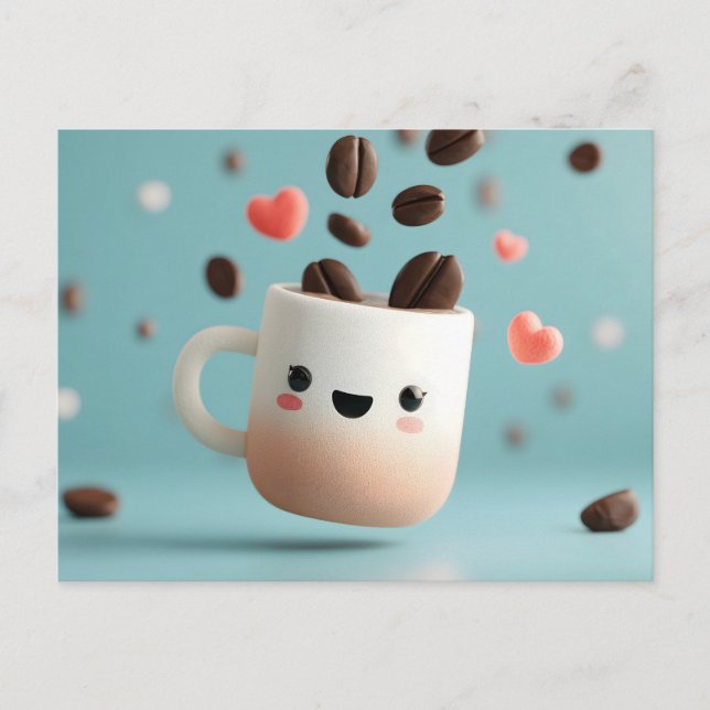Cute Kawaii Coffee Mug with Floating Coffee Beans  Postcard (Front)