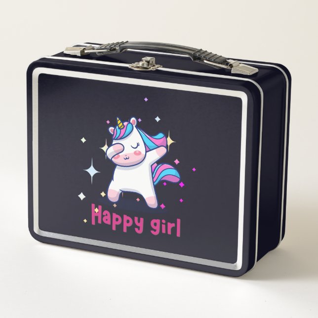 Cute Kawaii Colourful Rainbow Unicorn Happy Girl  Metal Lunch Box (Front)