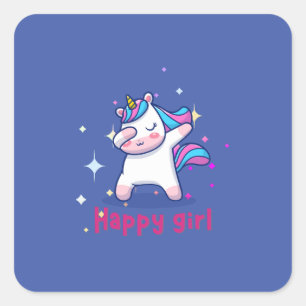 Cute Kawaii Colourful Rainbow Unicorn Happy Girl Square Sticker