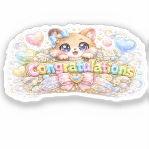 Cute Kawaii Congratulations Cat Pastel Pink Floral