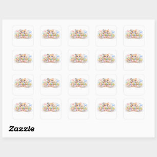 Cute Kawaii Congratulations Cat Pastel Pink Floral Square Sticker