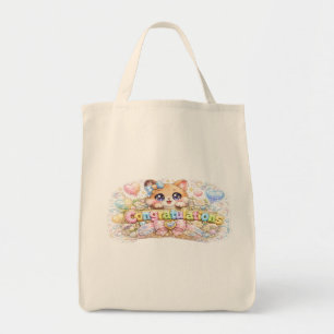 Cute Kawaii Congratulations Cat Pastel Pink Floral Tote Bag