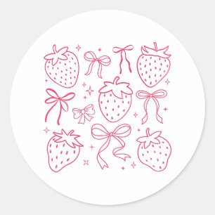 Cute Kawaii Coquette Pink Strawberry Bows Classic Round Sticker