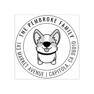 Cute Kawaii Corgi Family Name Return Address Rubber Stamp