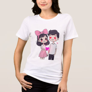 Cute Kawaii Couple Doodle Illustration Tri-Blend Shirt