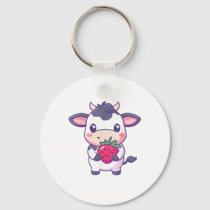 Cute Kawaii Cow With Strawberries Adorable Cattle Key Ring