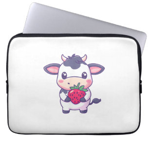 Cute Kawaii Cow With Strawberries Adorable Cattle Laptop Sleeve