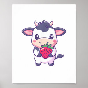 Cute Kawaii Cow With Strawberries Adorable Cattle Poster