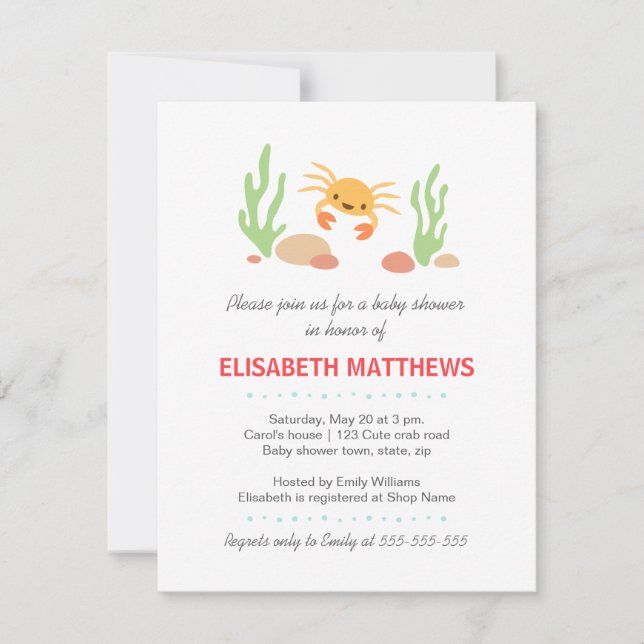 Cute kawaii crab and seaweed neutral baby shower invitation (Front)