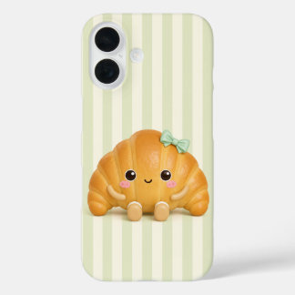 Cute Kawaii Croissant on Sage Green Stripes Phone iPhone 16 Case