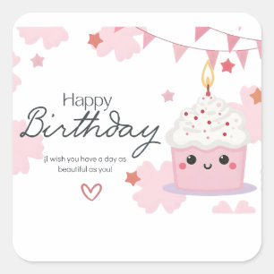 Cute Kawaii Cupcake Happy Birthday – Sweet Pastel  Square Sticker