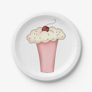 Cute Kawaii Cupcake Milkshake with Cherry  Paper Plate