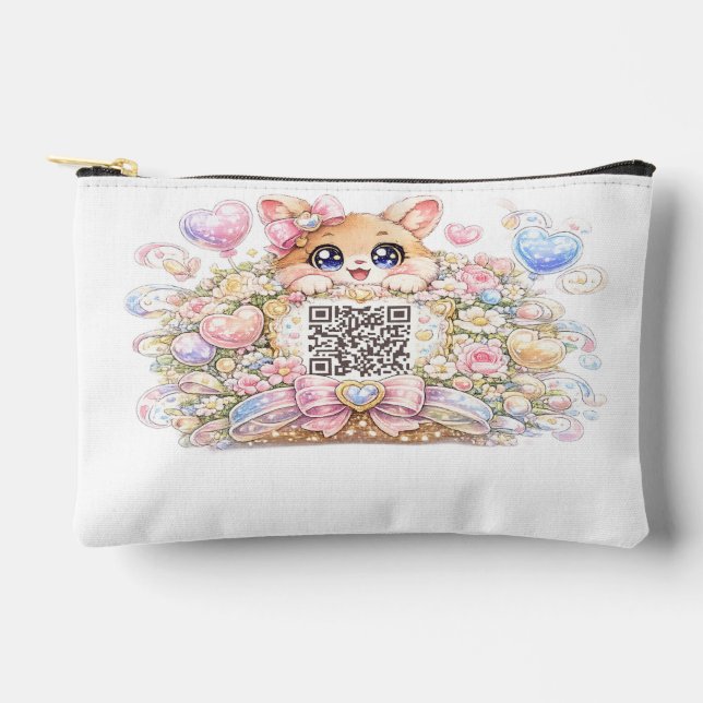 Cute Kawaii Custom QR Code Cat Pastel Pink Floral  Accessory Pouch (Front)