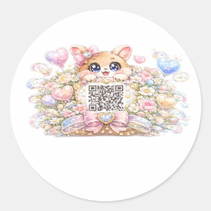 Cute Kawaii Custom QR Code Cat Pastel Pink Floral Classic Round Sticker