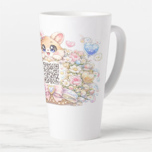 Cute Kawaii Custom QR Code Cat Pastel Pink Floral  Latte Mug