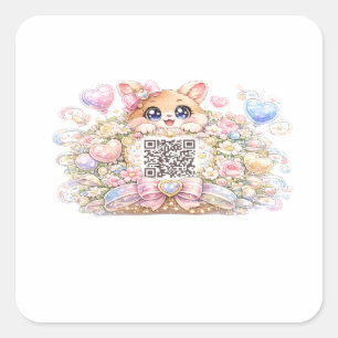 Cute Kawaii Custom QR Code Cat Pastel Pink Floral Square Sticker