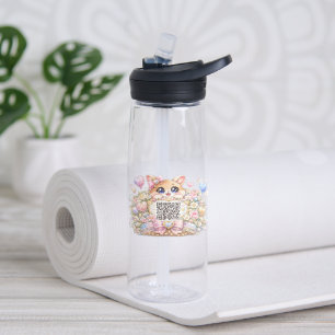 Cute Kawaii Custom QR Code Cat Pastel Pink Floral  Water Bottle