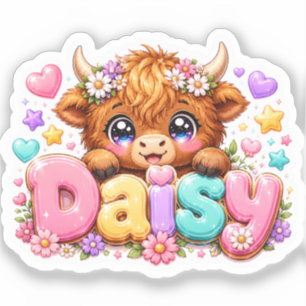 Cute Kawaii Daisy Highland Cow Name Pastel Pink Fl