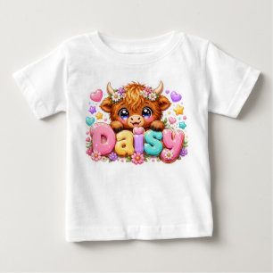 Cute Kawaii Daisy Highland Cow Name Pastel Pink Fl Baby T-Shirt