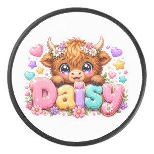 Cute Kawaii Daisy Highland Cow Name Pastel Pink Fl Hockey Puck