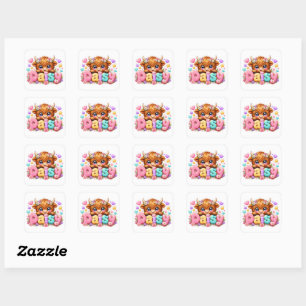 Cute Kawaii Daisy Highland Cow Name Pastel Pink Fl Square Sticker